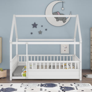 English Elm Full House Frame Floor Bed with Roof & High Fence Guardrails, Solid Pine/Plywood, Safe Spacious Design White W1858123986