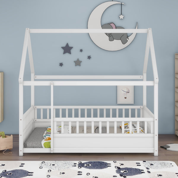 English Elm Full House Frame Floor Bed with Roof & High Fence Guardrails, Solid Pine/Plywood, Safe Spacious Design White W1858123986