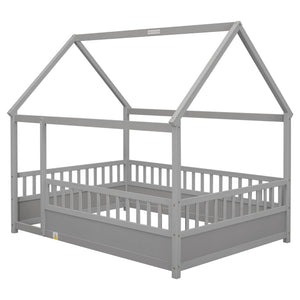 English Elm Full House Frame Floor Bed with Roof & High Fence Guardrails, Solid Pine/Plywood, Safe Spacious Design Grey W1858123988