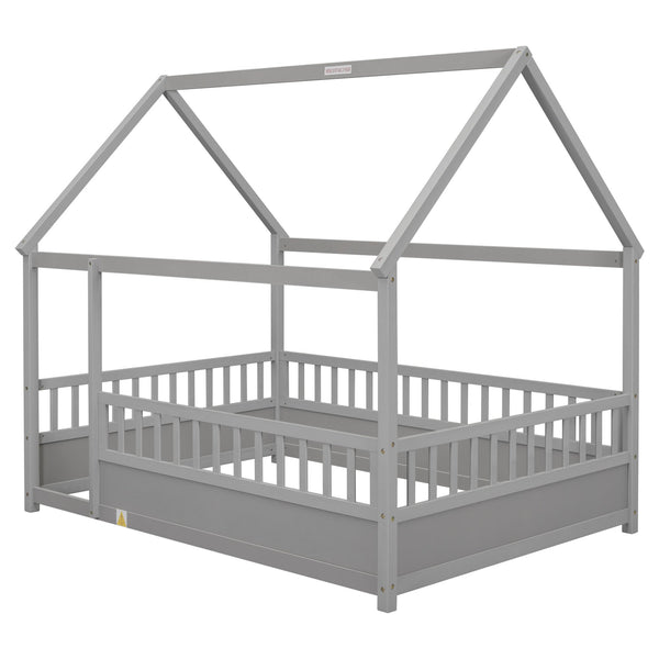 English Elm Full House Frame Floor Bed with Roof & High Fence Guardrails, Solid Pine/Plywood, Safe Spacious Design Grey W1858123988
