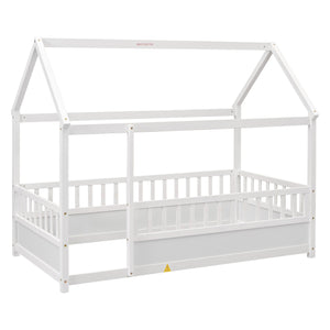 English Elm Twin House Frame Floor Bed with 20" High Fence, Solid Pine Roof, Spacious Entrance for Kids Safety White W1858123984