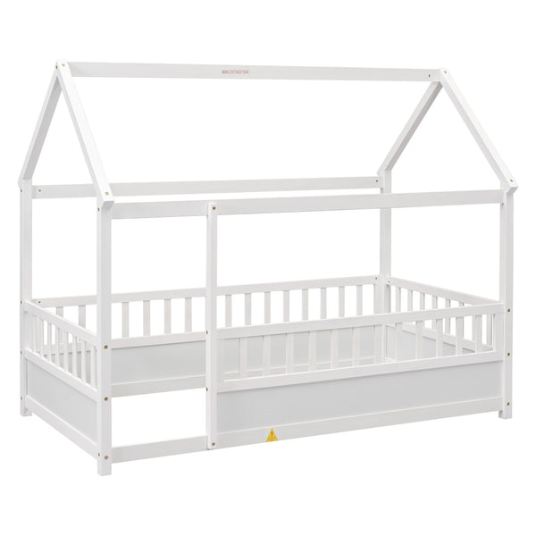 English Elm Twin House Frame Floor Bed with 20" High Fence, Solid Pine Roof, Spacious Entrance for Kids Safety White W1858123984