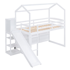 English Elm Twin House Loft Bed with Slide, Storage Shelves and Built-In Light — Playhouse Design, Sturdy 400lb Capacity White GX000355AAK