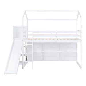English Elm Twin House Loft Bed with Slide, Storage Shelves and Built-In Light — Playhouse Design, Sturdy 400lb Capacity White GX000355AAK