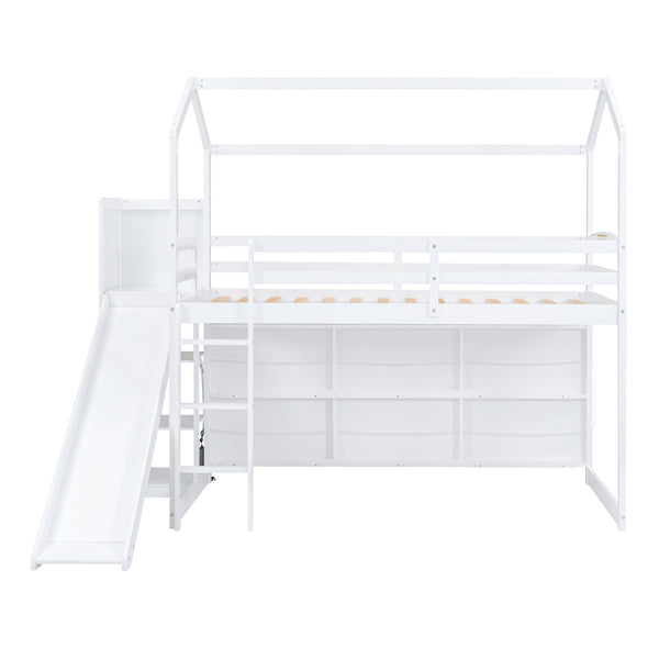 English Elm Twin House Loft Bed with Slide, Storage Shelves and Built-In Light — Playhouse Design, Sturdy 400lb Capacity White GX000355AAK