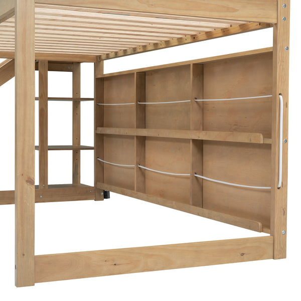 English Elm Twin House Loft Bed with Slide, Storage Shelves and Built-In Light — Playhouse Design, Sturdy 400lb Capacity Wood GX000355AAD