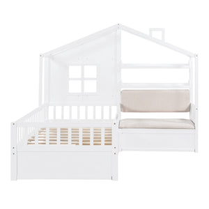 English Elm Twin House Bed Frame for Kids with Attached Sofa Two Drawers and Pine Slat Support HL000065AAK