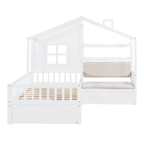 English Elm Twin House Bed with Sofa and Built-In Storage Drawers, Kids Platform Bed with Reading Nook Cozy Design White 43.5 L x 26.3 W x 9.25 H N733S337609K