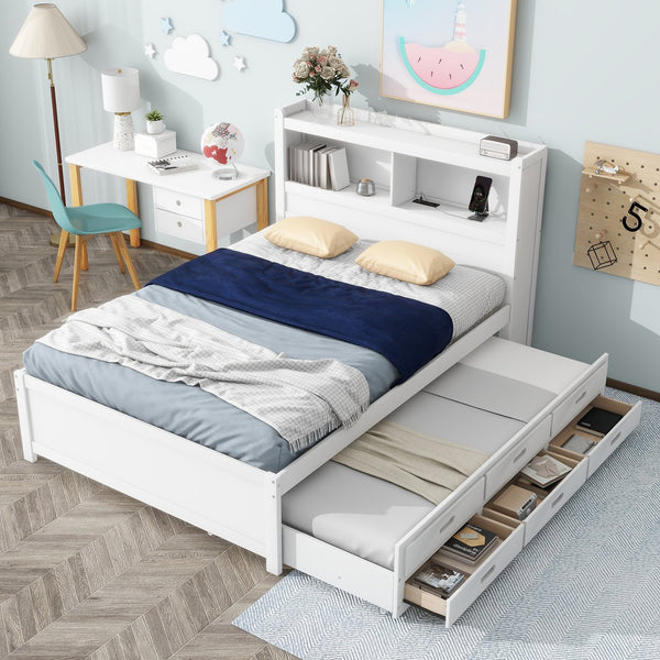 English Elm Full Full Size platform bed with trundle, 3 under-bed drawers, headboard shelves and USB ports—durable pine construction for storage and extra sleeping space White GX000352AAK