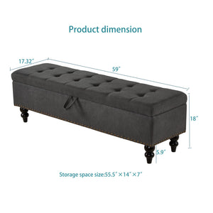 English Elm 59" Bed Bench Ottoman with Hidden Storage, Eucalyptus Wood Frame, Durable Linen Upholstery, 500lb Capacity Grey W1097124942