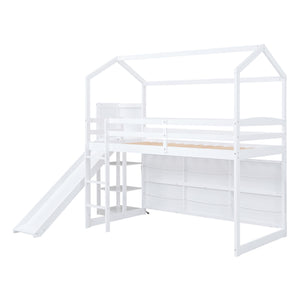 English Elm Twin House Loft Bed with Slide, Storage Shelves and Built-In Light — Playhouse Design, Sturdy 400lb Capacity White GX000355AAK