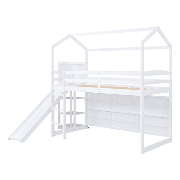 English Elm Twin House Loft Bed with Slide, Storage Shelves and Built-In Light — Playhouse Design, Sturdy 400lb Capacity White GX000355AAK