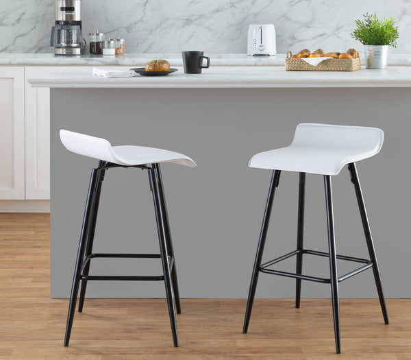 English Elm Ale 26" Contemporary Counter Stool Set of 2 in White Faux Leather, Black Steel Frame, Low Back Comfort B116135548