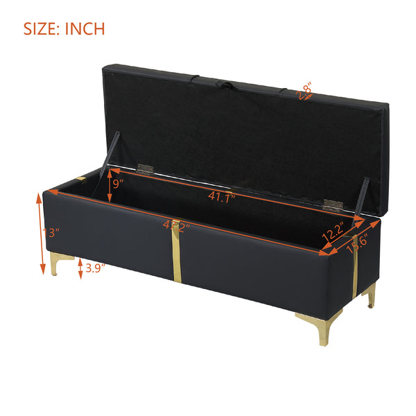 English Elm Elegant Upholstered Storage Ottoman Bench with Metal Legs - Plush Velvet Seat, Hidden Compartment, Modern Entryway Appeal Black 50 L x 16 W x 13 H N733P207788B