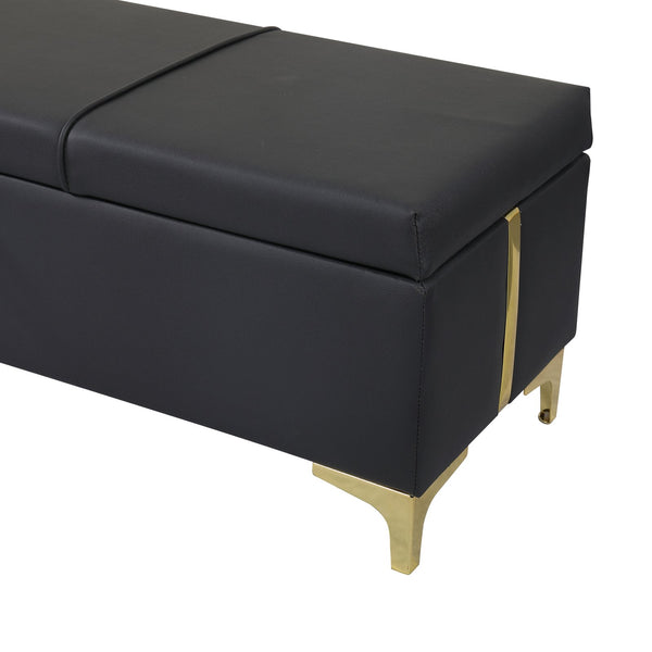 English Elm 2-Pieces Queen Upholstered Platform Bed with Hydraulic Lift and Spacious Storage Ottoman, Elegant Gold Trim Black 50 L x 16 W x 13 H N733S207778B