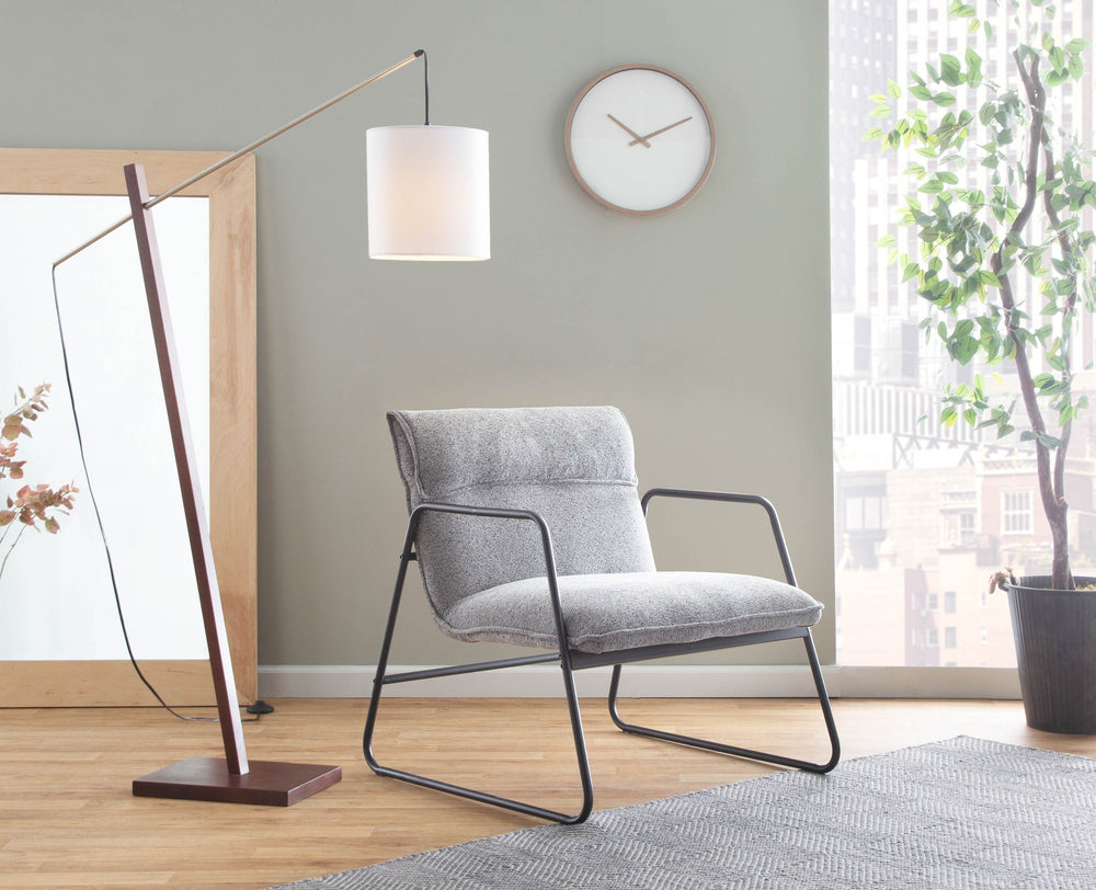 English Elm Casper Industrial Arm Chair — Grey Noise Fabric, Padded Seat & Back, Black Steel Frame, Armrests (34x17x26) B116135636