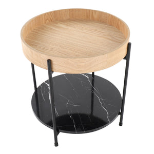 English Elm Daniella Round End Table – Contemporary Black Metal Frame, Natural Wood Top & Faux Black Marble Shelf (19") B116135841