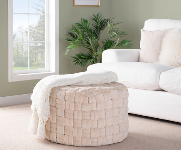 English Elm Braided Round Velvet Ottoman 24" by LumiSource — Stylish Braided Design, Foam-Padded Multiuse Seat Cream B116135819