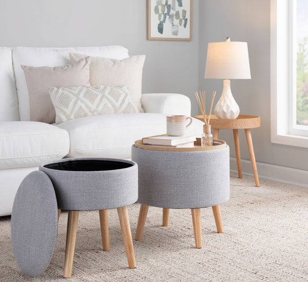 English Elm Tray Contemporary Storage Ottoman with Matching Stool Light Fabric Upholstery Removable Lids Natural Wood Tray Durable Compact Seating and Hidden Storage Grey B116135830