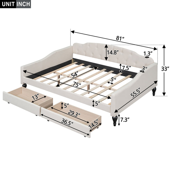 English Elm Full Full Size Upholstered Tufted Daybed with Drawers, Beige Linen, Wingback Glam Design, 400lb Capacity GX001326AAA