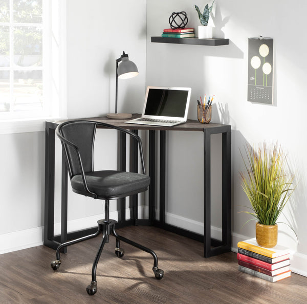 English Elm Roman Industrial Corner Desk - Espresso Bamboo Top & Black Metal Frame, Rustic Space-Saving Design B116135762