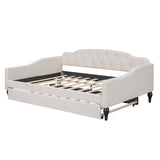 Full Size Upholstered Daybed with Twin Trundle and Button Tufting, Beige