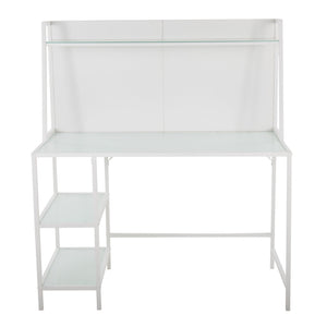 English Elm Geo Geo Tier Contemporary Glass Desk with Metal Frame and Storage Shelves for Modern Home Office White B116135771