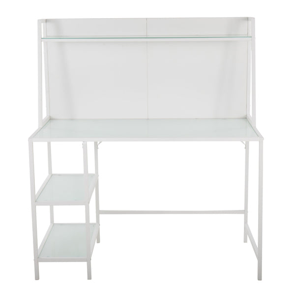English Elm Geo Geo Tier Contemporary Glass Desk with Metal Frame and Storage Shelves for Modern Home Office White B116135771