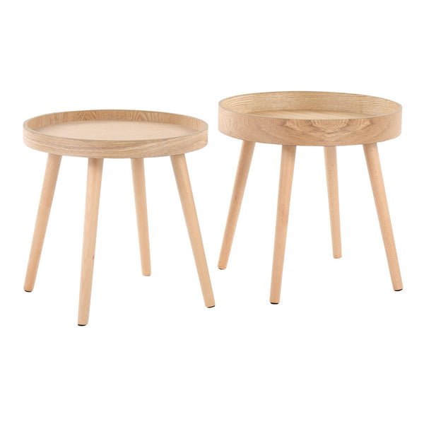 English Elm Pebble Mid-Century Side Table Set, Natural Wood Round Tray Tops, Tapered Legs, Set of 2 (Natural) B116135840