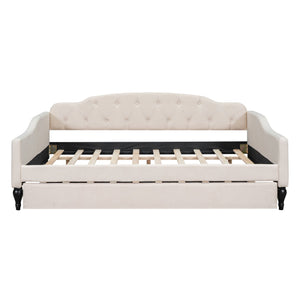 English Elm Full Full Size Upholstered Tufted Daybed with Twin Trundle, Beige Linen, Wingback Design, Durable Frame, Glamorous Accent Piece GX001327AAA