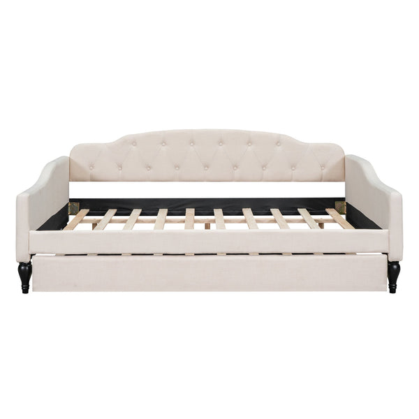 English Elm Full Full Size Upholstered Tufted Daybed with Twin Trundle, Beige Linen, Wingback Design, Durable Frame, Glamorous Accent Piece GX001327AAA