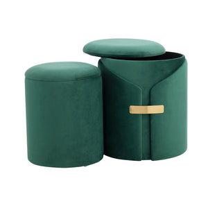 English Elm Dahlia Velvet Nesting Ottoman Set with Gold Accent — Glam Contemporary Duo, Removable Lid, Stylish Upholstery Green B116135786