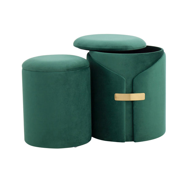 English Elm Dahlia Velvet Nesting Ottoman Set with Gold Accent — Glam Contemporary Duo, Removable Lid, Stylish Upholstery Green B116135786