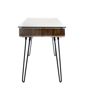 English Elm Avery Walnut Mid-Century Desk with Tempered Glass Top, Hairpin Legs & Bent Wood Shelf for Storage B116135755