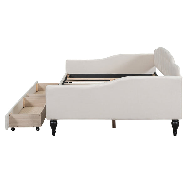 English Elm Full Full Size Upholstered Tufted Daybed with Drawers, Beige Linen, Wingback Glam Design, 400lb Capacity GX001326AAA