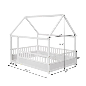English Elm Full House Frame Floor Bed with Roof & High Fence Guardrails, Solid Pine/Plywood, Safe Spacious Design White W1858123986