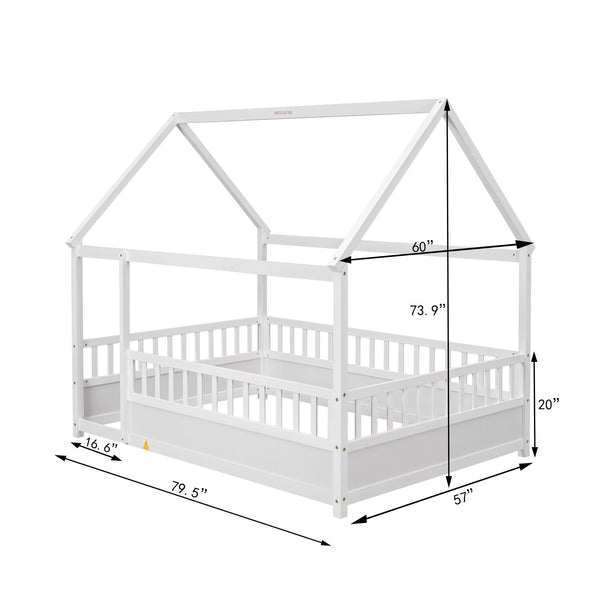 English Elm Full House Frame Floor Bed with Roof & High Fence Guardrails, Solid Pine/Plywood, Safe Spacious Design White W1858123986