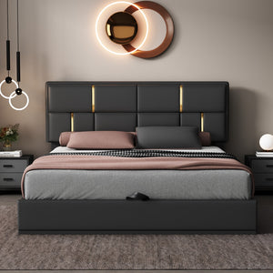 English Elm Queen Size Upholstered Platform Bed With Hydraulic Storage System,No Box Spring Needed,Black