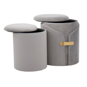 English Elm Dahlia Velvet Nesting Ottoman Set with Gold Accent — Glam Contemporary Duo, Removable Lid, Stylish Upholstery Silver B116135788