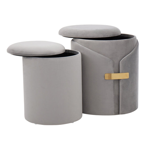 English Elm Dahlia Velvet Nesting Ottoman Set with Gold Accent — Glam Contemporary Duo, Removable Lid, Stylish Upholstery Silver B116135788