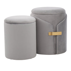 English Elm Dahlia Velvet Nesting Ottoman Set with Gold Accent — Glam Contemporary Duo, Removable Lid, Stylish Upholstery Silver B116135788