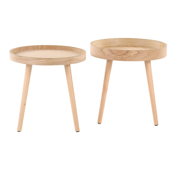 English Elm Pebble Mid-Century Side Table Set, Natural Wood Round Tray Tops, Tapered Legs, Set of 2 (Natural) B116135840