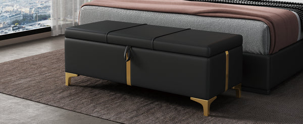 English Elm Elegant Upholstered Storage Ottoman Bench with Metal Legs - Plush Velvet Seat, Hidden Compartment, Modern Entryway Appeal Black 50 L x 16 W x 13 H N733P207788B