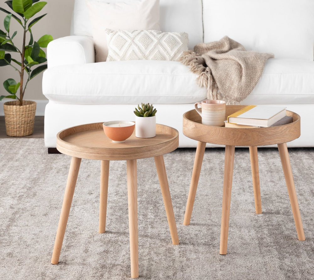 English Elm Pebble Mid-Century Side Table Set, Natural Wood Round Tray Tops, Tapered Legs, Set of 2 (Natural) B116135840