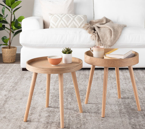 English Elm Pebble Mid-Century Side Table Set, Natural Wood Round Tray Tops, Tapered Legs, Set of 2 (Natural) B116135840