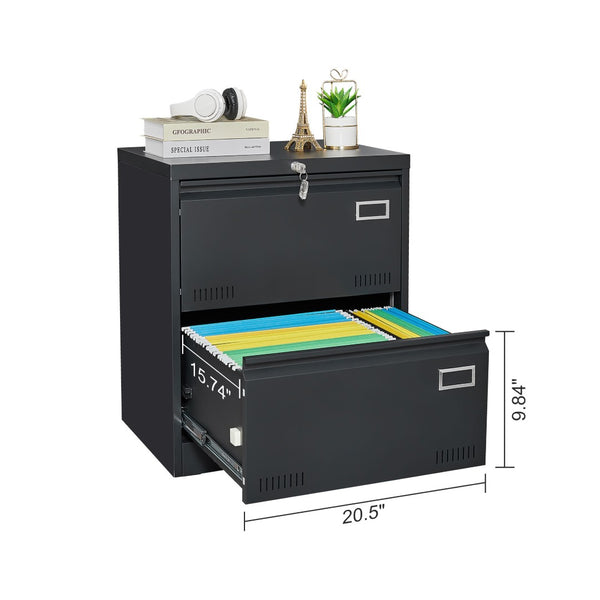 English Elm 2 Drawer Locking Metal File Cabinet Matte Black Powder Coat for Modern Home Office W1247P160450