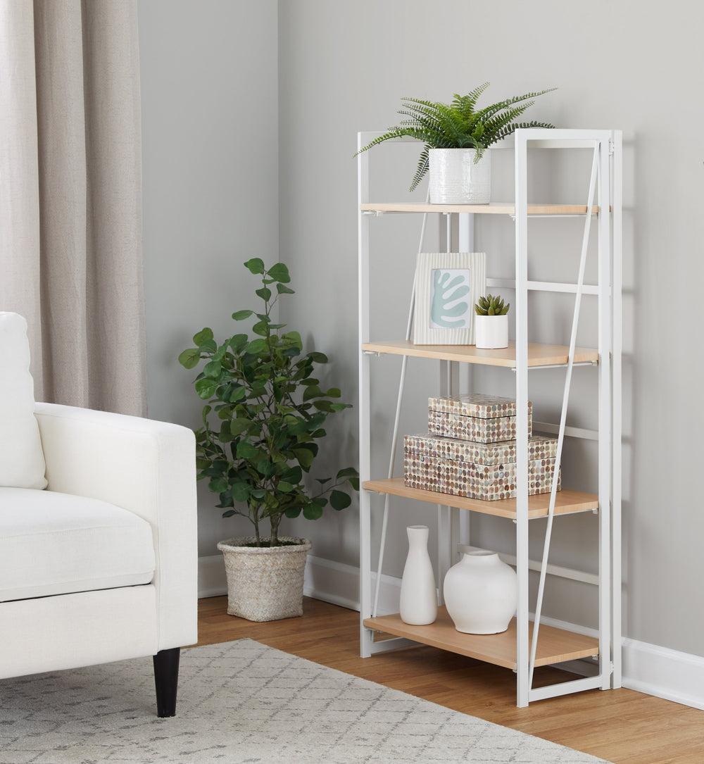 English Elm Dakota White Metal & Natural Wood Bookcase by LumiSource — Distressed Top, 4 Open Shelves, Sturdy MDF Construction B116135720