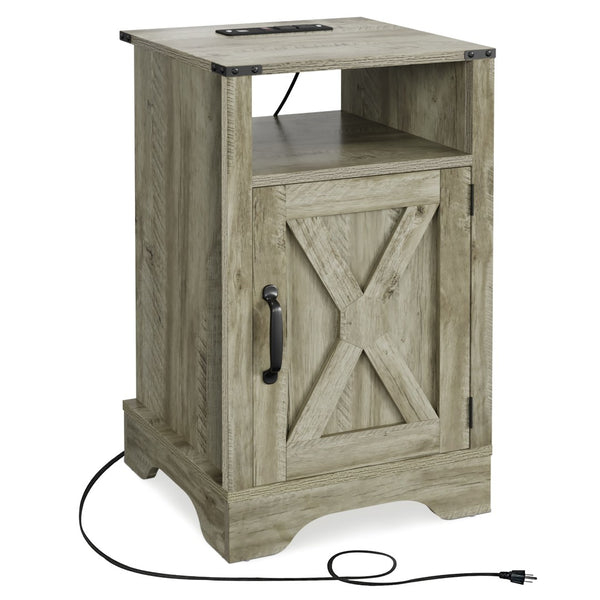 English Elm Farmhouse Rustic Nightstand Set of 2 with Built-in Charging Station and Open Display Shelf Light Grey B082134938