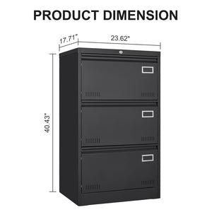 English Elm Filing Cabinet Three Drawer Lateral Metal with Lock Matte Black Home Office Storage W1247118742