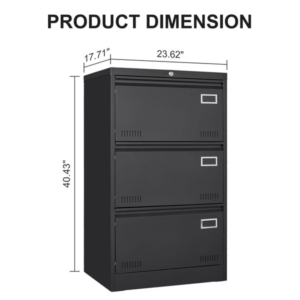 English Elm Filing Cabinet Three Drawer Lateral Metal with Lock Matte Black Home Office Storage W1247118742